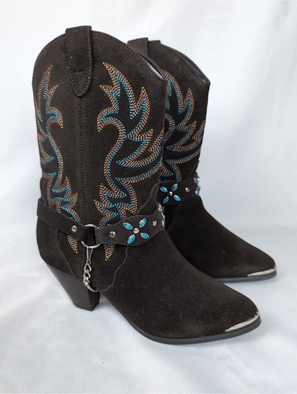 Dingo Women's 7.5 Chocolate Brown Suede Pointed Turquoise Accent Cowboy Boots